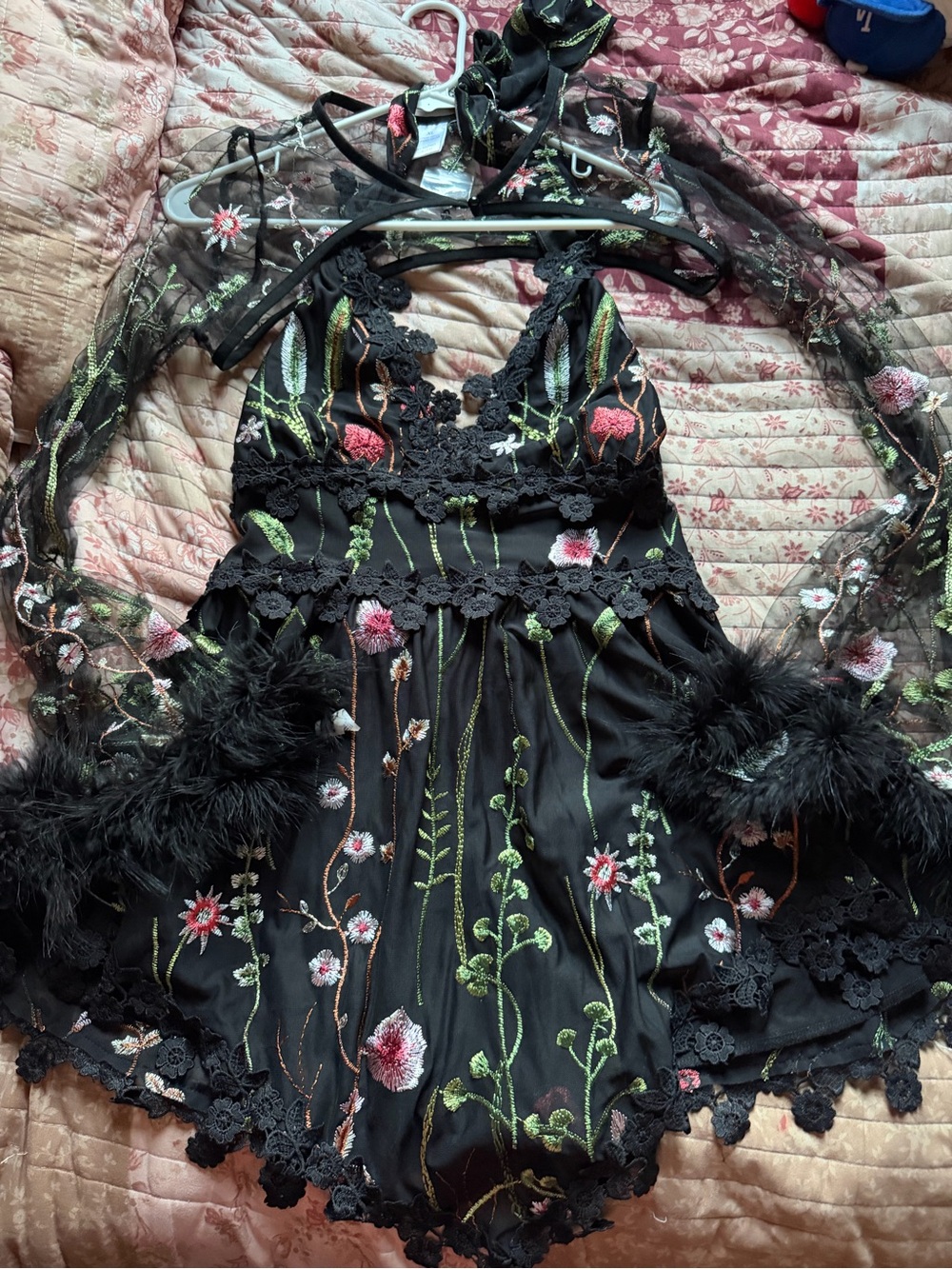 IHeartRaves Floral Black Lace Dress with Feather Trim Sleeves